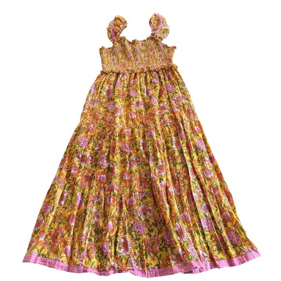 THML Dresses & Skirts - THML Women’s marigold/yellow floral dress, smocked bodice, pockets, ruffle, L